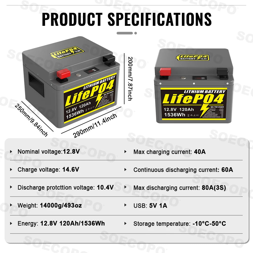 SOECOPO 12V 120Ah Portable LiFePO4 Battery 1536Wh LCD Screen USB Output for Home Camping Fishing Trolling Motor Power Bank