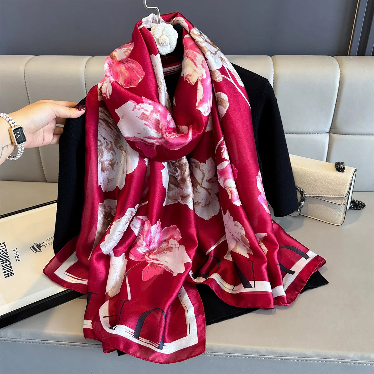 180*90cm Large Silk Satin Scarf Women Fashion Printed Scarf Spring And Summer Styles New Shawl Wrap Female Hand 2025 NEW