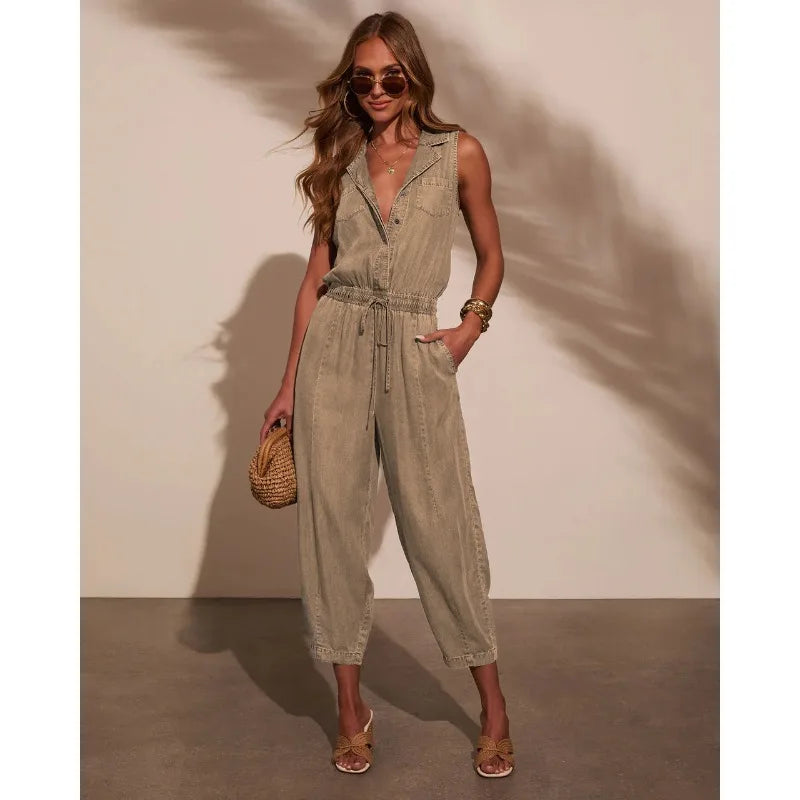 Women Jumpsuits Sleeveless Denim Pants One Piece Drawstring Pockets Rompers Solid Spliced Casual Button Jeans Overalls