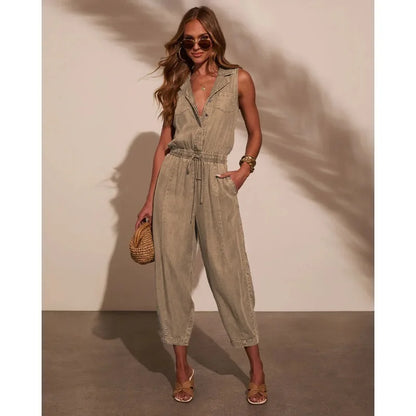 Women Jumpsuits Sleeveless Denim Pants One Piece Drawstring Pockets Rompers Solid Spliced Casual Button Jeans Overalls