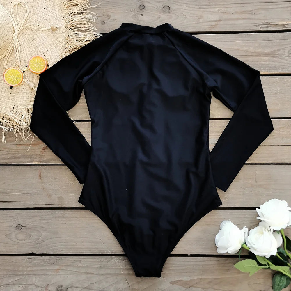 2026 Surfing Sport Swimsuit Long Sleeves Women One Piece Swimsuit  Swimwear Solid Monokini Bathing Suit Tropical Bodysuit Female