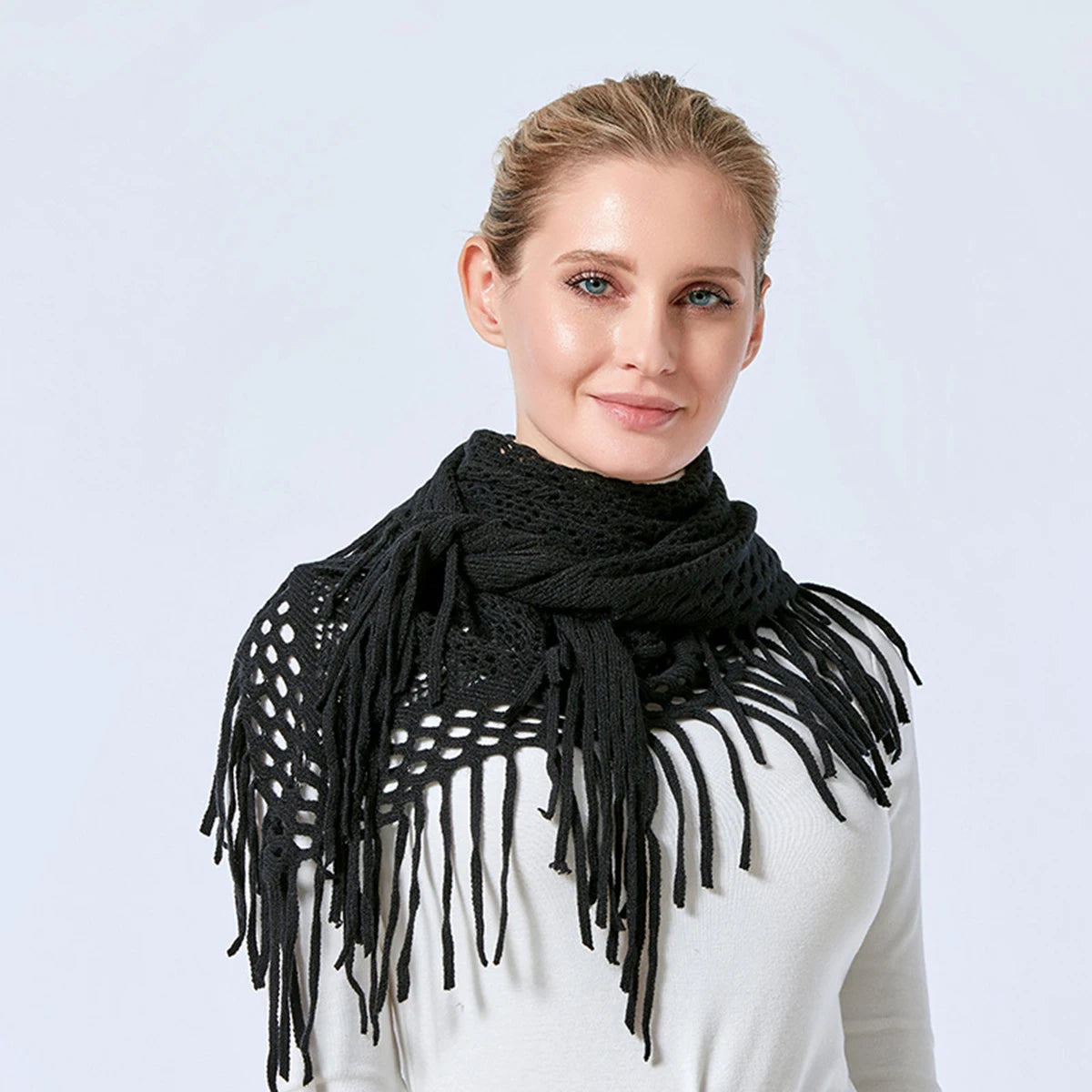Knit Hollow Out Fake Collar Warm Tassel Shawl Scarf Fashion Pullover Lightweight Solid Knitted Large Scarfs Women Muffler Wrap
