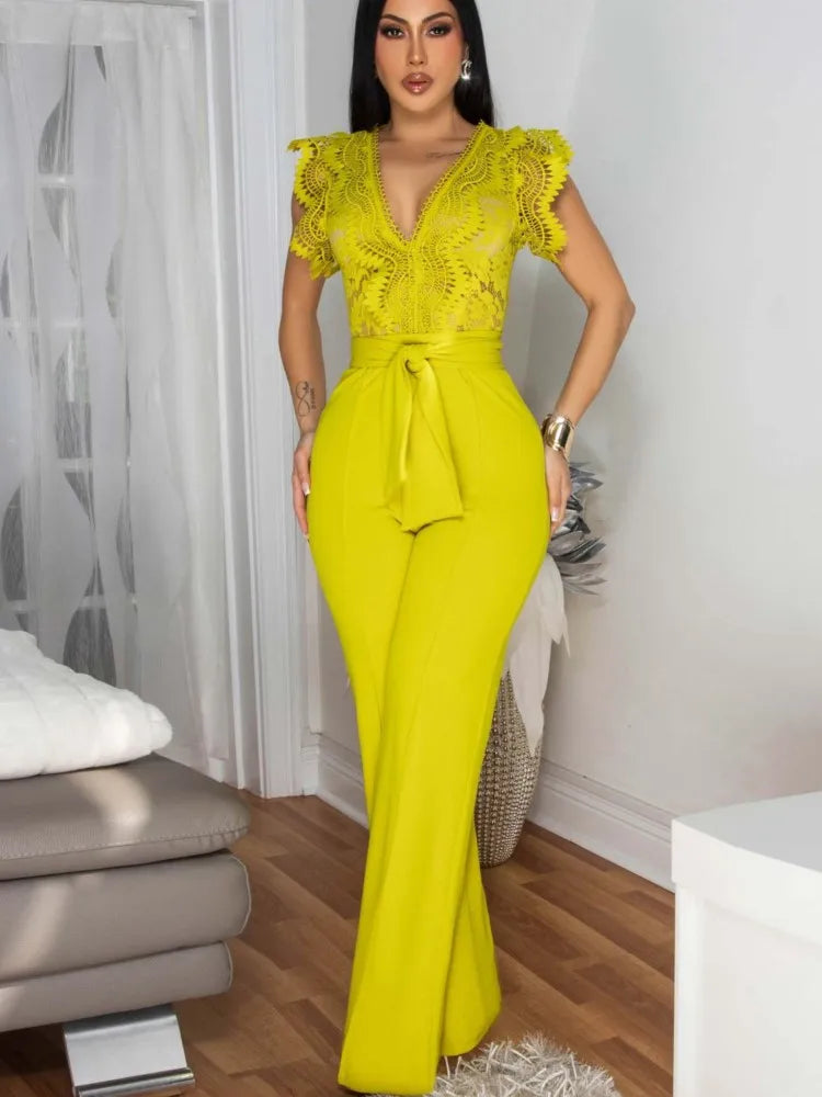 Women's Jumpsuit Elegant Lace V Neck Short Sleeve High Waisted Wide Leg Rompers Sports Fitness Party Banquet Jumpsuites Sexy Y2K