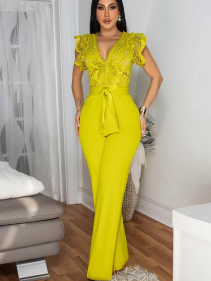 Women's Jumpsuit Elegant Lace V Neck Short Sleeve High Waisted Wide Leg Rompers Sports Fitness Party Banquet Jumpsuites Sexy Y2K