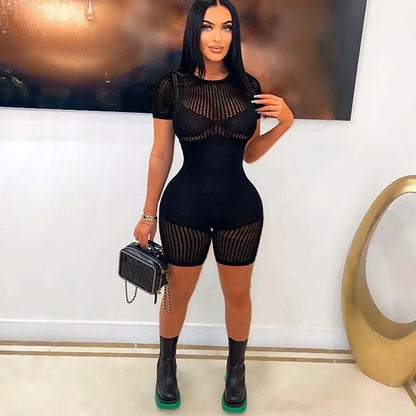 Women's Sexy Fishnet Playsuit Hollow Out See Through Bodycon Sexy Slim Fit Stretchy Romber For Club Party Street Outfit