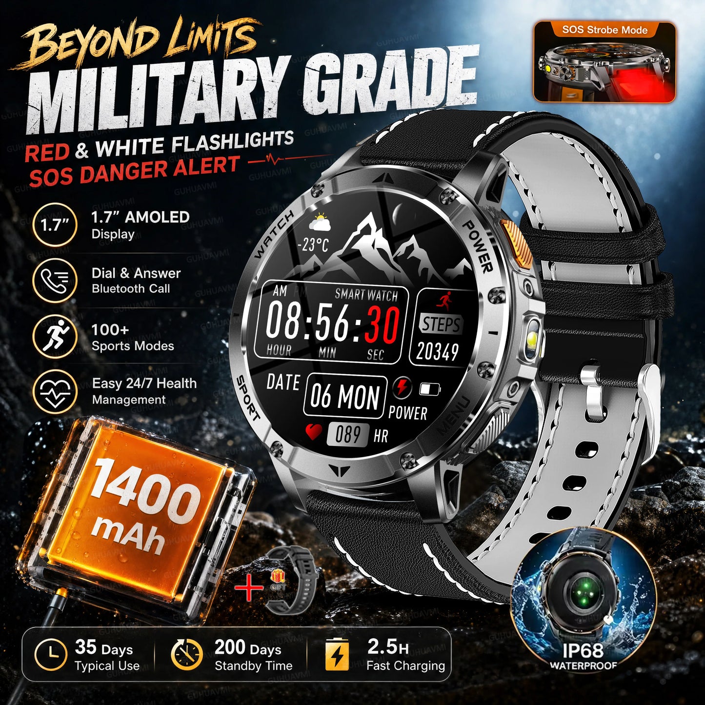TANK Ultra Outdoor Smartwatch 1400mAh Battery Military Watches Waterproof Two-color Tactical LED Flashlight Men Sports Bracelet