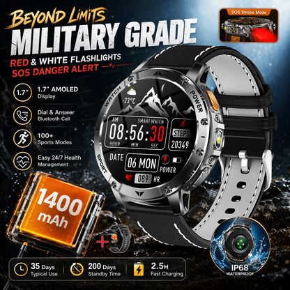 TANK Ultra Outdoor Smartwatch 1400mAh Battery Military Watches Waterproof Two-color Tactical LED Flashlight Men Sports Bracelet