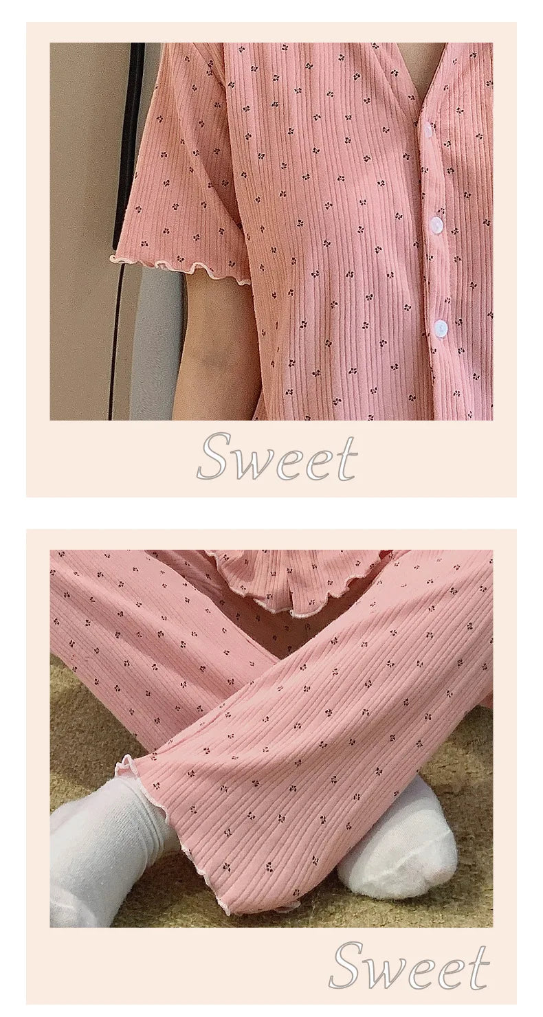 Cotton Fabric Floral Cardigan Printed Pajamas for Women Short-Sleeved Top and Long Pants Sleepwear Homewear Set Ladies Nightwear
