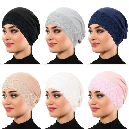 2026 New Lace Elastic Headscarf Cap Solid Color Base Cap Hair Care Cap Muslim Turban Hat Hijab Islamic headscarf Women's Hijabs