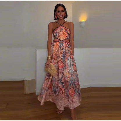 Women Printed V Neck Long Dress Flared Sleeve Lotus Leaf Edge High Waist Slim Fit Maxi Dresses Lady Elegant Evening Party Dress
