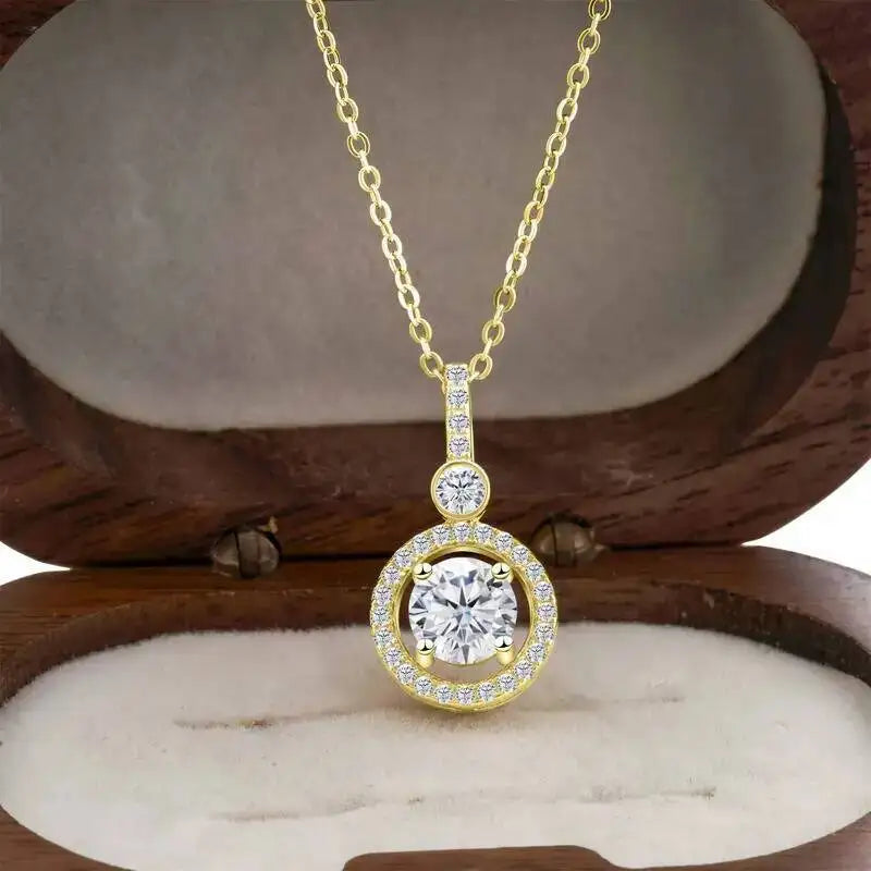 925 Sterling Silver Double Circle Halo Two Stone Drop Pendant Necklace Round Cut D VVS1 Multi Color Moissanite Fine Jewelry