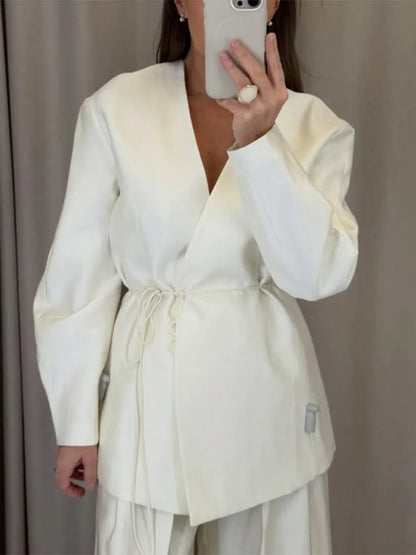 Elegant Women's Lace Up Shirt Pant Sets 2026 Summer V-neck Long Sleeve Top High Waist Loose Wide Leg Pant Two Piece Set Women