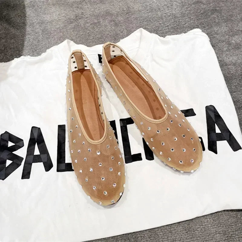 Luxury Glitter Rhinestone Designer Mesh Flats Women Summer Fashion Light Breathable Mules Loafers Elegant Comfort Ballet Shoes