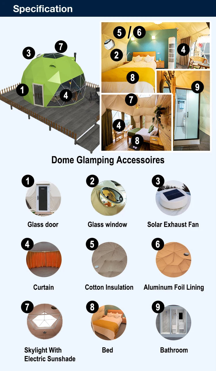 Customize Style Outdoor Glamping Luxury Hotel Tent Multi Color PVC Material Waterproof Geodesic Dome Tent for Family Camping