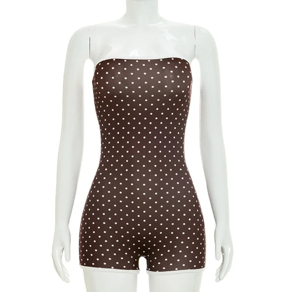 FLARORA Sexy Polka Dot Print Rompers Woman Off Shoulder Sleeveless Backless Skinny Peach Hip Playsuits Hottie Trend Streetwear