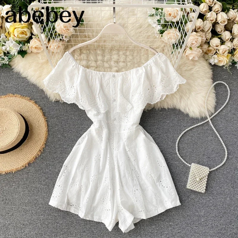 Sexy Slash Neck Women Jumpsuits 2026 New Sweet Ruffles Hollow Solid Rompers Summer Fashion Wide Leg Short Rompers