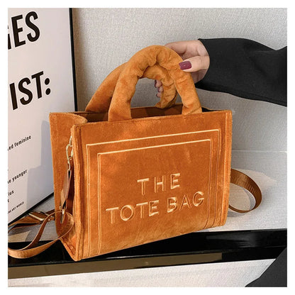 Women's Khaki Velour Tote Bag Original Letter Print Medium Ladies Shopper Handbag Female Square Medium Shoulder Bags