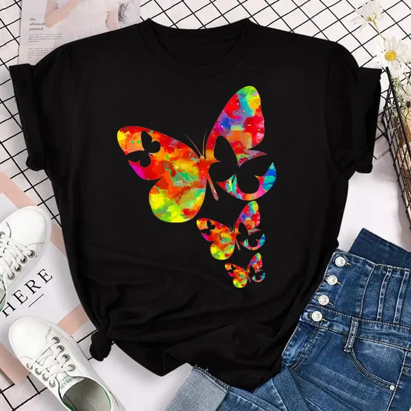 New Fashion Women T-shirt Colorful Butterfly Petal Print Short Sleeve and Round Neck Cute Graphic Tee Shirts Female Tops Clothin
