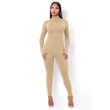 Hugcitar Fall Long Sleeve Solid Turtleneck Sexy Skinny Bodycon Jumpsuit Women Fashion Streetwear Sport Casual Romper Overalls
