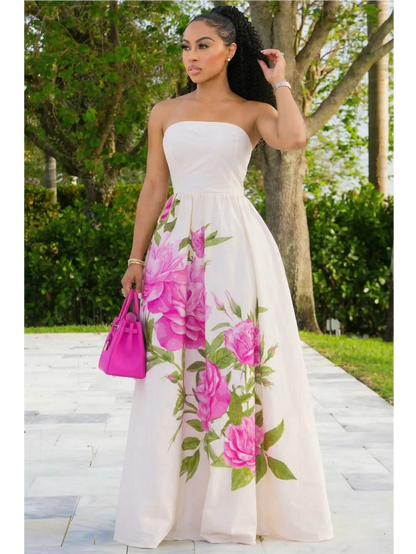 Women Tube Strapless Waist Flowy Maxi Dress With Floral Print For Wedding Guest Resort And Vacation Occasion