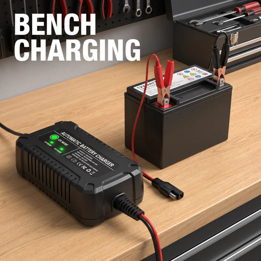 6V 12V 1.5A Smart Lead Acid Battery Charger Dual Voltage 4‑Stage Auto Charging Microcomputer Controlled For Car Motorcycle AGM GEL SLA VRLA Flood Battery Power Level Indicator Multi Safety Protection Battery Repair Maintain