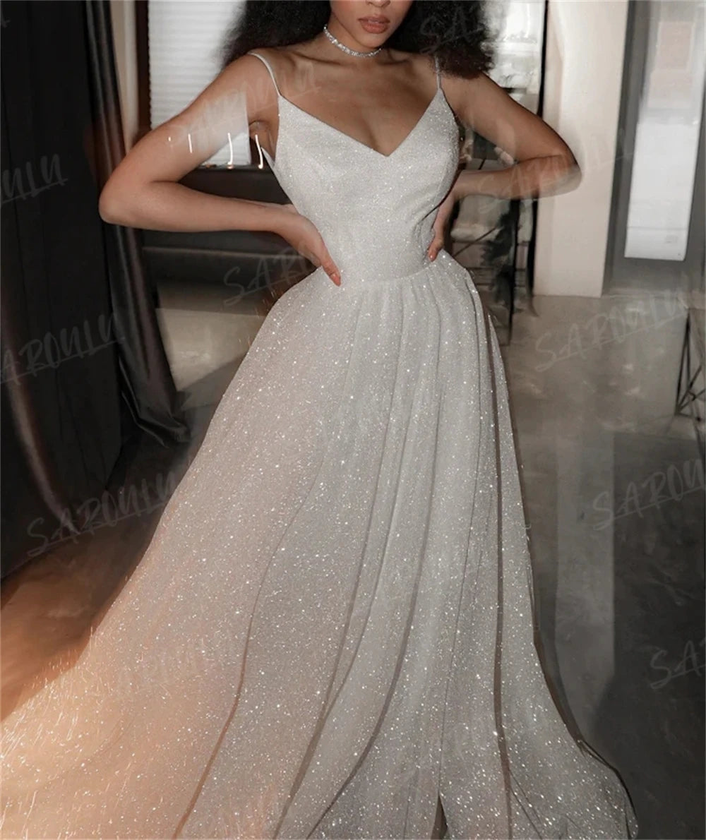 Spaghetti Straps Shinny Wedding Dress A-line V Neck Glitter Bridal Gown For Wedding Party Bride Dresses Custom Made Sequined