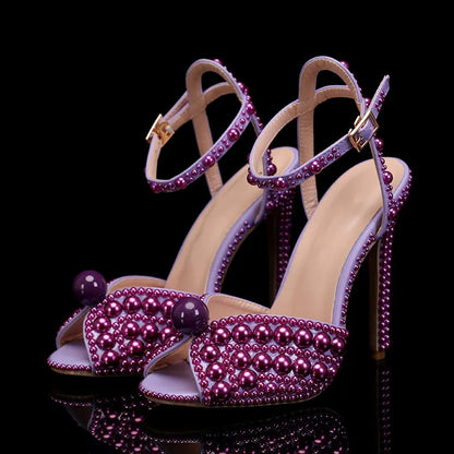 Luxury Handmade Pearl Peep Toe Women Sandals Fashion Summer Wedding Princess Thin High heels Elegant Party Prom Bridal Shoes