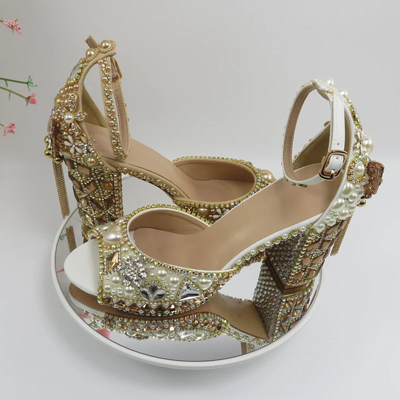 Luxury cyrstal wedding shoes with matching bags woman fashion Thick heel Women party dress shoes Fish beak Women shoes