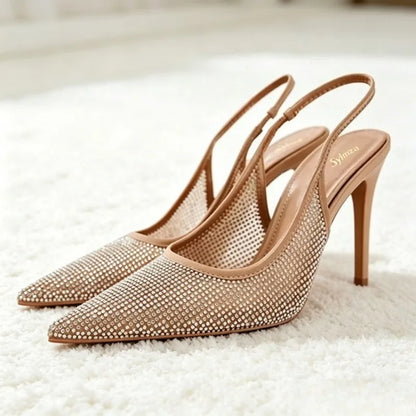 Luxury Designer Rhinestone Heeled Sandals Women Sexy Pointed Toe Mesh Breathable Thin High Heels Elegant Party Dress Pumps Shoes