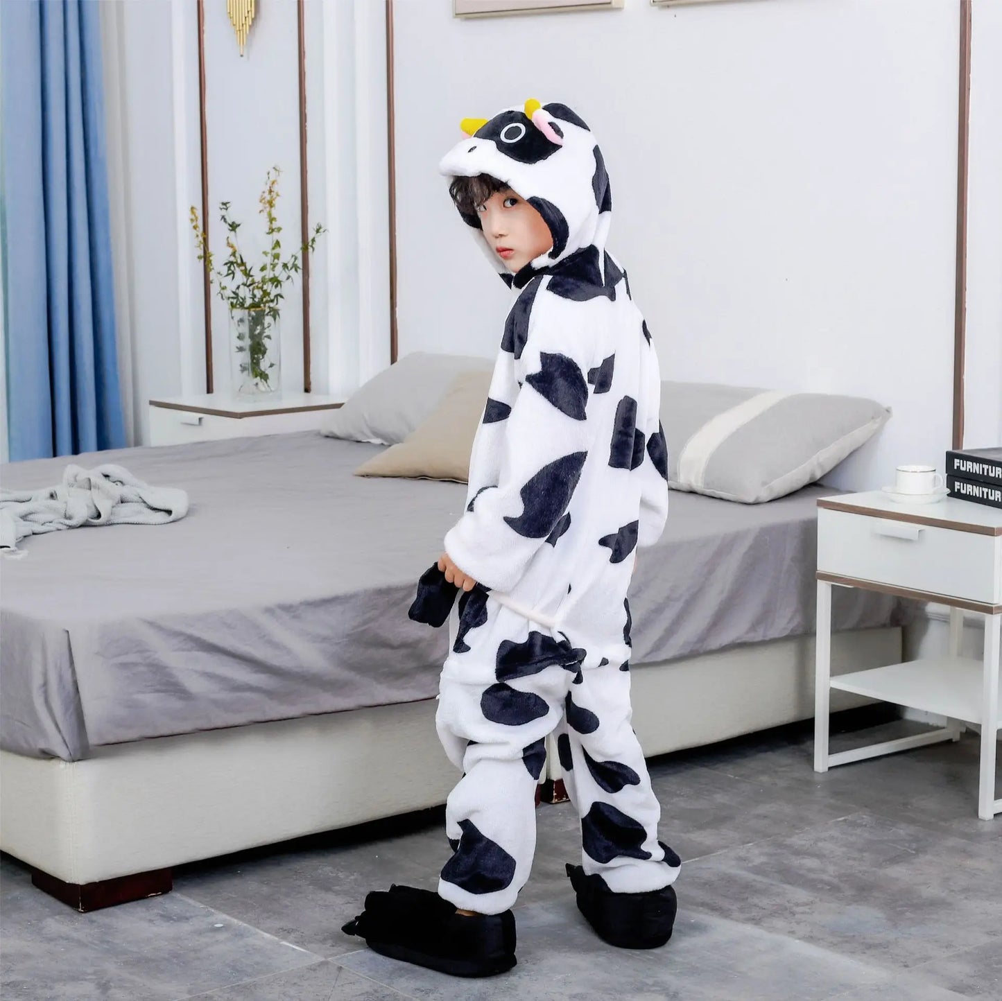 Adults Cow Cartoon Pajamas Animal Onesies Cosplay Costumes Jumpsuit Hooded Sleepwear Halloween One Piece for Performing