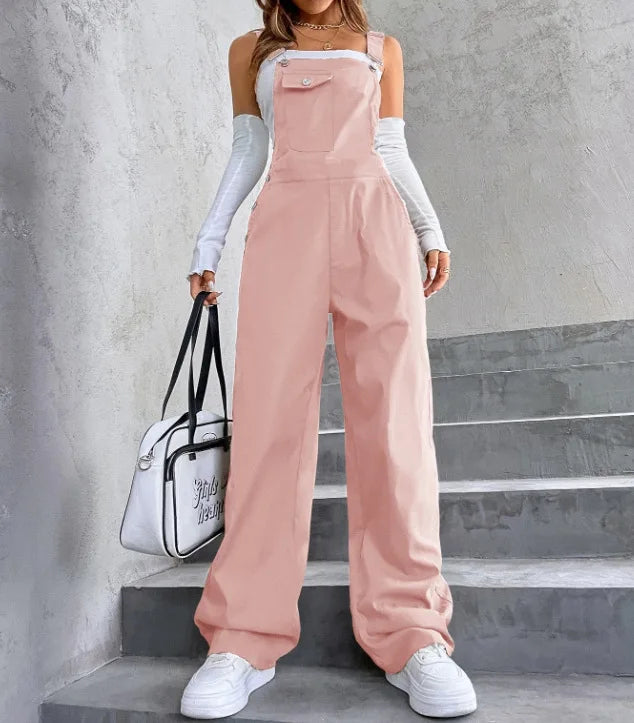 Women's Casual Bib Overalls Adjustable Shoulder Strap Pocket Wide Leg Jumpsuit Loose Straight Women Streetwear Suspender Pants
