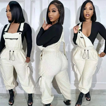 Lace Up Jumpsuit Women One Piece Jumpsuits Fur Rompers High Waist Spring Autumn Pants Mom Overalls Playsuits Elegant Pink