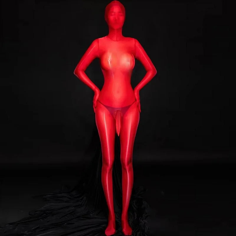 Zipper Open Full Body Catsuit with JJ Pouch Thin Sheath Transparent Body-stocking Unisex Sheer Bodysuit Sexy Lingerie Jumpsuit