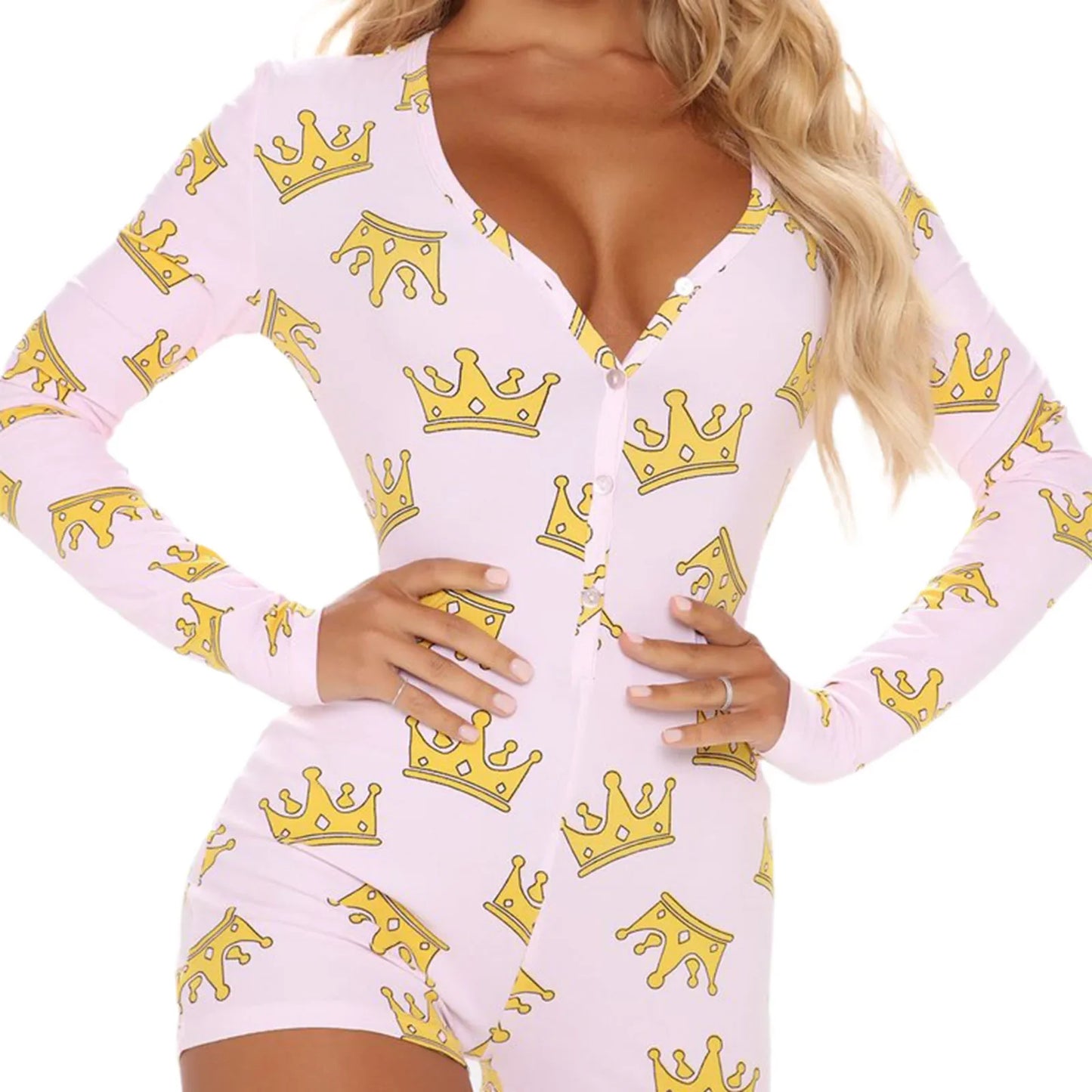 Combhasaki Women's Sexy High Waist Functional Buttoned Flap OnesEies Casual Pattern Print Romper Long Sleeve Playsuit Homewear
