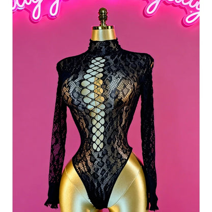 1PC Sexy Cover Up Women Bodysuit Long Sleeves Jumpsuit See Through Hollow Out  For Music festival Bodystocking W684