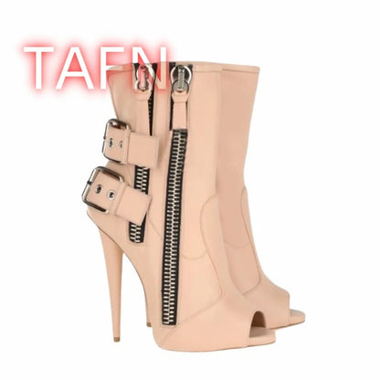 Pastel Pink Ankle Boot Peep Toe Double Side Zip Sandal Booties Women Retro Punk Stiletto Pumps Ladies Knight Boot Big Size 44