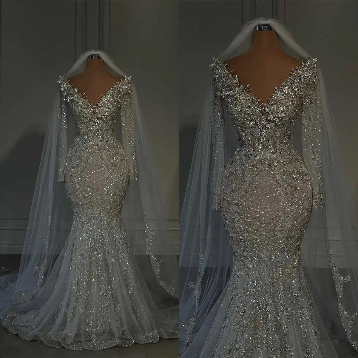 Glitter V Neck Wedding Dresses Crystal Bridal Gowns Sequins Beading Sweep Train Long Sleeve Customized Bride Dress