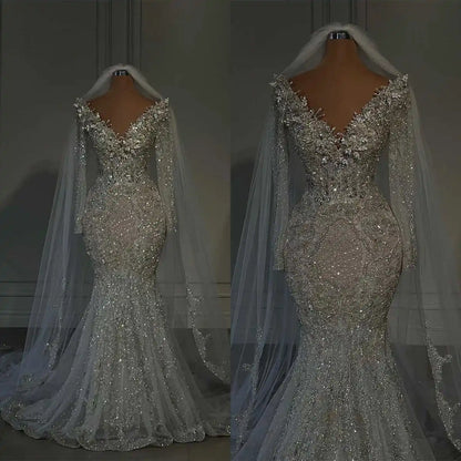Glitter V Neck Wedding Dresses Crystal Bridal Gowns Sequins Beading Sweep Train Long Sleeve Customized Bride Dress