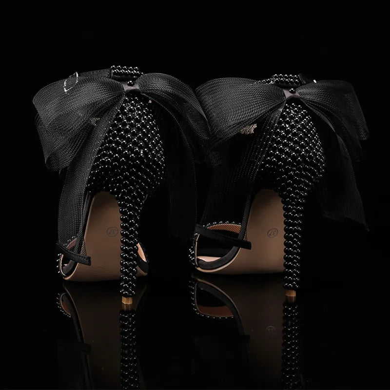 Summer New brand Fashion Bowknot Beading Women Gladiator Sandals Luxury Pearls White thin High heels Wedding Bridal Party Shoes