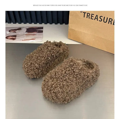 Thick Heel Luxury Lambwool Mules  Winter Shoes Woman Flip Flops Flat Cover Toe Slides Ins Warm Curly Lamb Fur Slippers Women