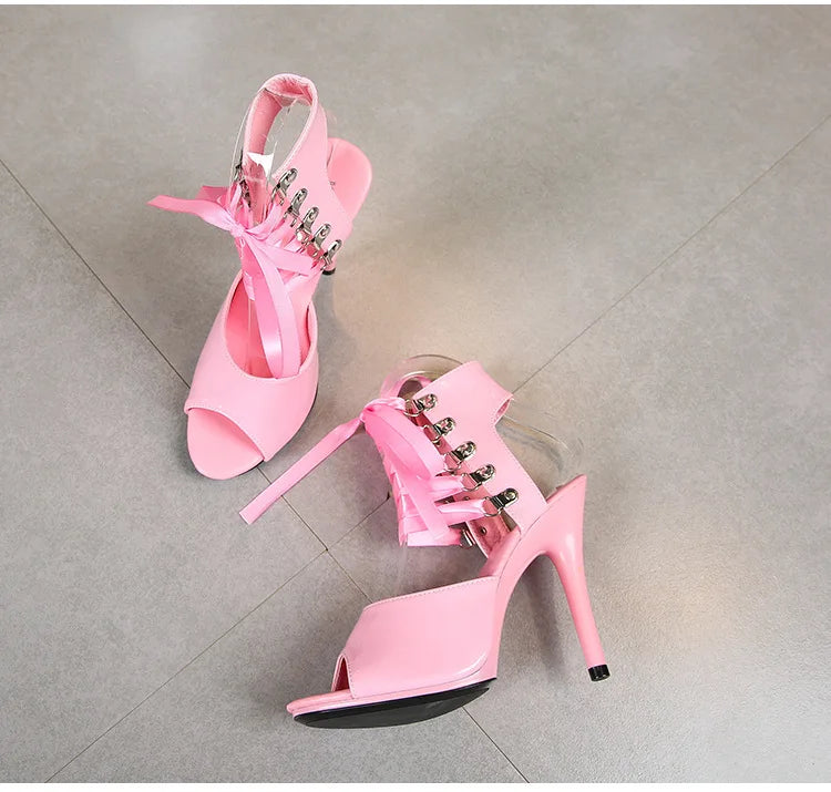 2025 New Sexy Pink High Heels 11cm Women's Shoes Fine Heels Round Head Ladies Pumps Ankle Lace-up Buckle Sandals Nightclub Shoes