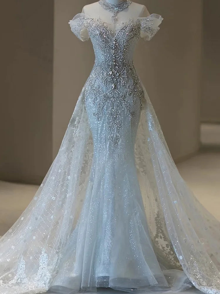 Elegant Fish Tail Wedding Dress Lightweight Tulle One Shoulder Bridal Gown for Small Stature Brides Heavy Embroidery Exit Veil