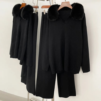 Reality Fur Jacket Pullover Set Woman Spring Knitted Suit Knitwear Female Real Fox Fur Collar Sweater Lady Autumn Knitted New