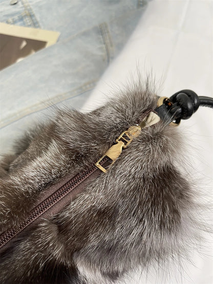Winter Warm Fox Fur Shoulder Hobo Bags For Women Latest Luxury Designer Purses And Handbags Elegant Evening Bag For Dinner Party