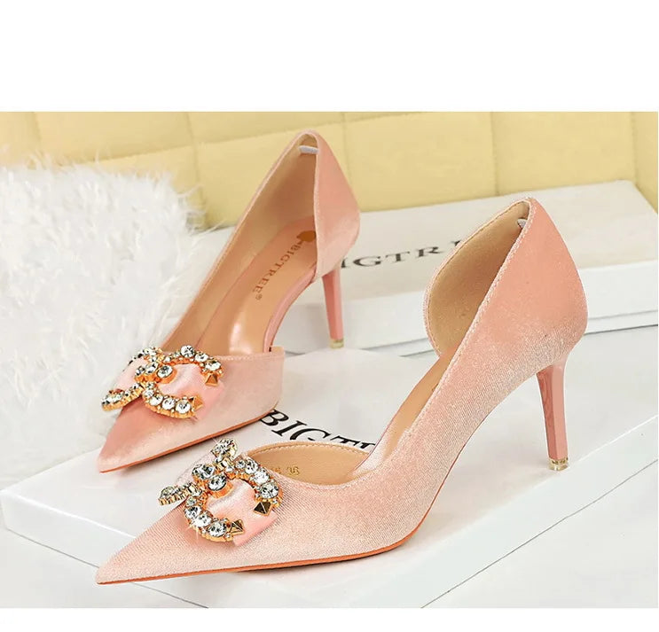BIGTREE Party Pumps 7cm Thin High Heels Western Style Velvet Shallow Pointed Toe Side Hollow Crystal Pearl Bow Lady Shoes Pink