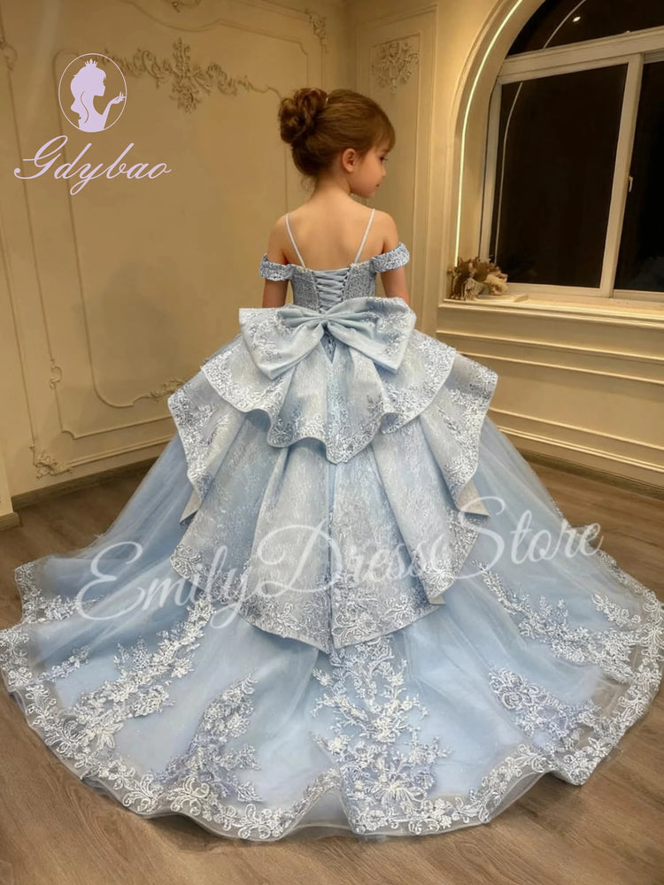 Customized Pink Flower Girl Dress For Wedding Bowknot Appliques Short  Sleeve Floor Length Kids Birthday First Communion Gown