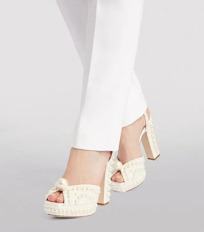 Luxury Full Pearl Platform Heeled Sandals Women White Peep Toe Ankle Strap Block Heels Elegant Bridal Shoes Wedding Prom