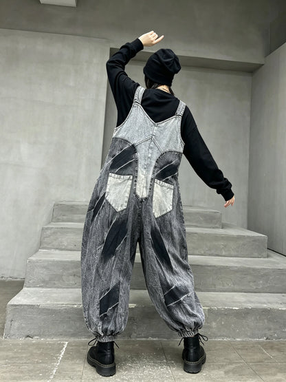 Unique Trendy Cool Distressed Color-blocked Denim Overalls Women Loose Plus-size Stylish One-piece Lantern Pants Autumn LX6298