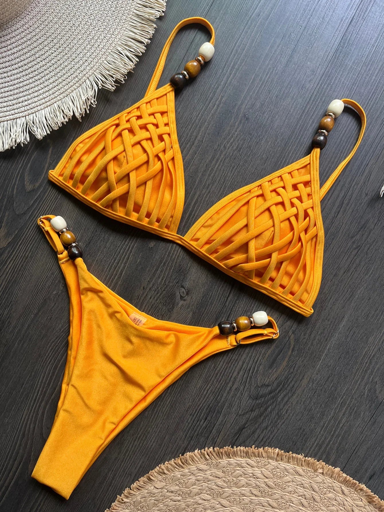 Sexy Brown Bikini Set 2026 Women Pearls Strap Hole Out Push Up Bra Thong Swimsuit Brazilian Beach Bathing Suit Micro Swimwear