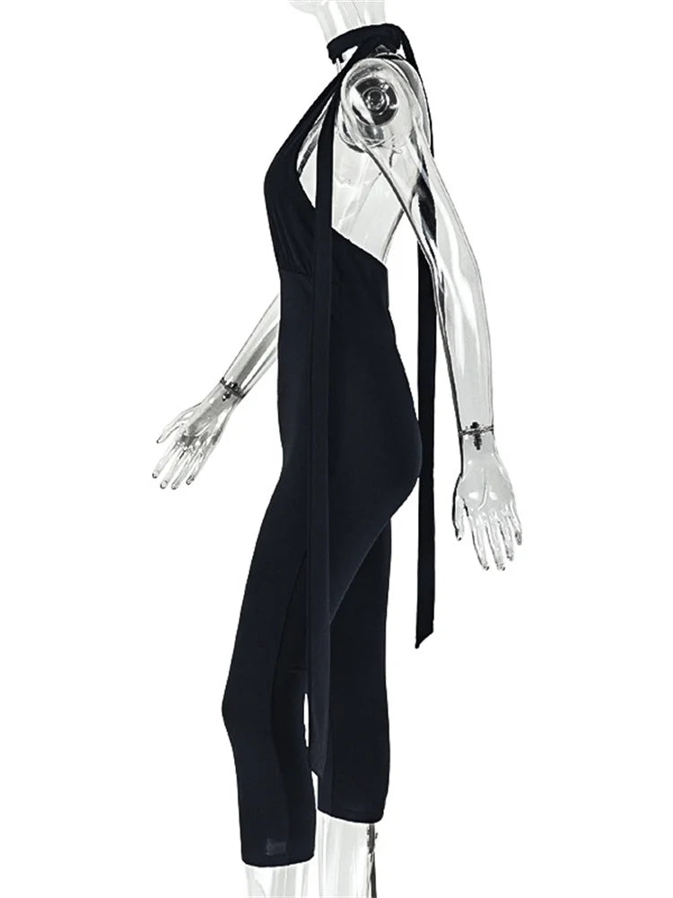 Kliou Sexy Backless Jumpsuits Woman Halter Ribbon Deep V-Neck Sleeveless Skinny Peach Hip Hot Girls High Street Fashion Overalls